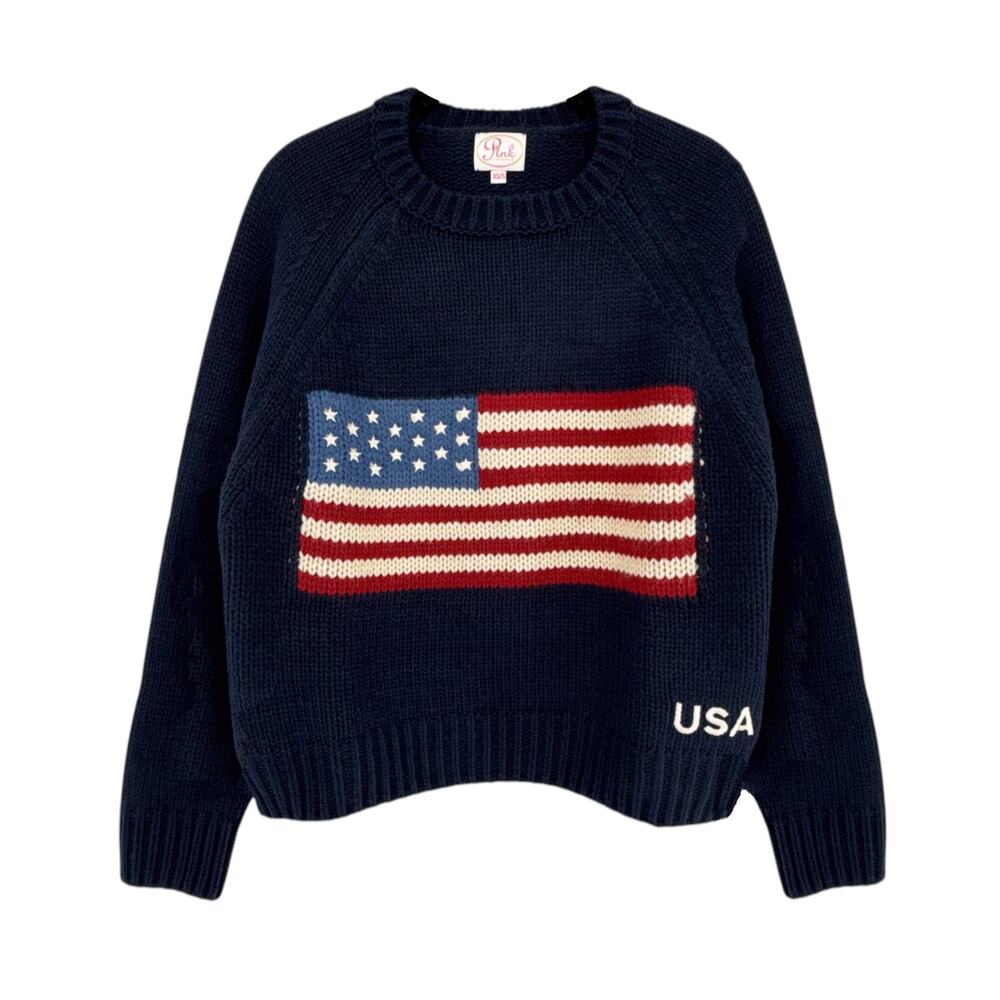 PINK PINEAPPLE Crop Vintage Acrylic Flag Sweater in Navy XS/S